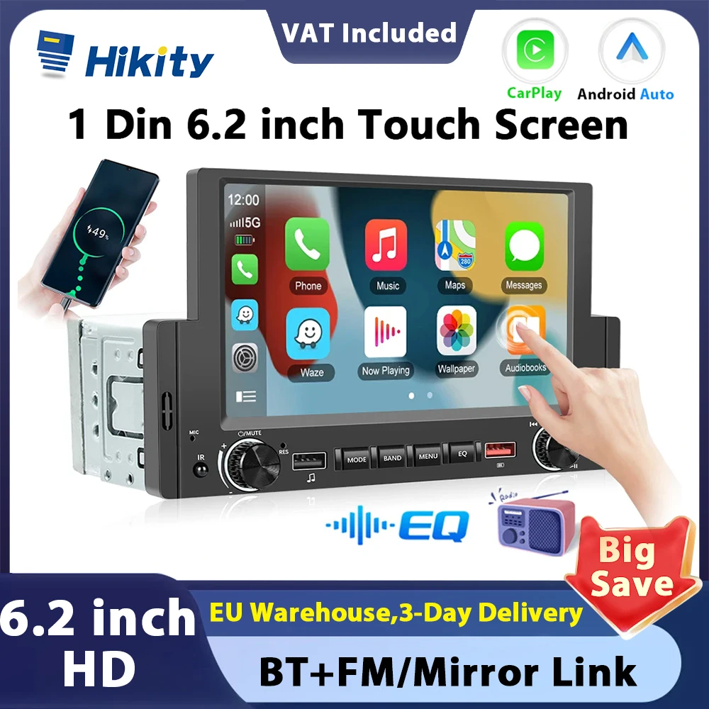 Hikity Autoradio 1 Din Car Radio Android Carplay Auto Stereo Bluetooth Audio FM Music Stereo With Dual USB for Toyota Nissan KIA