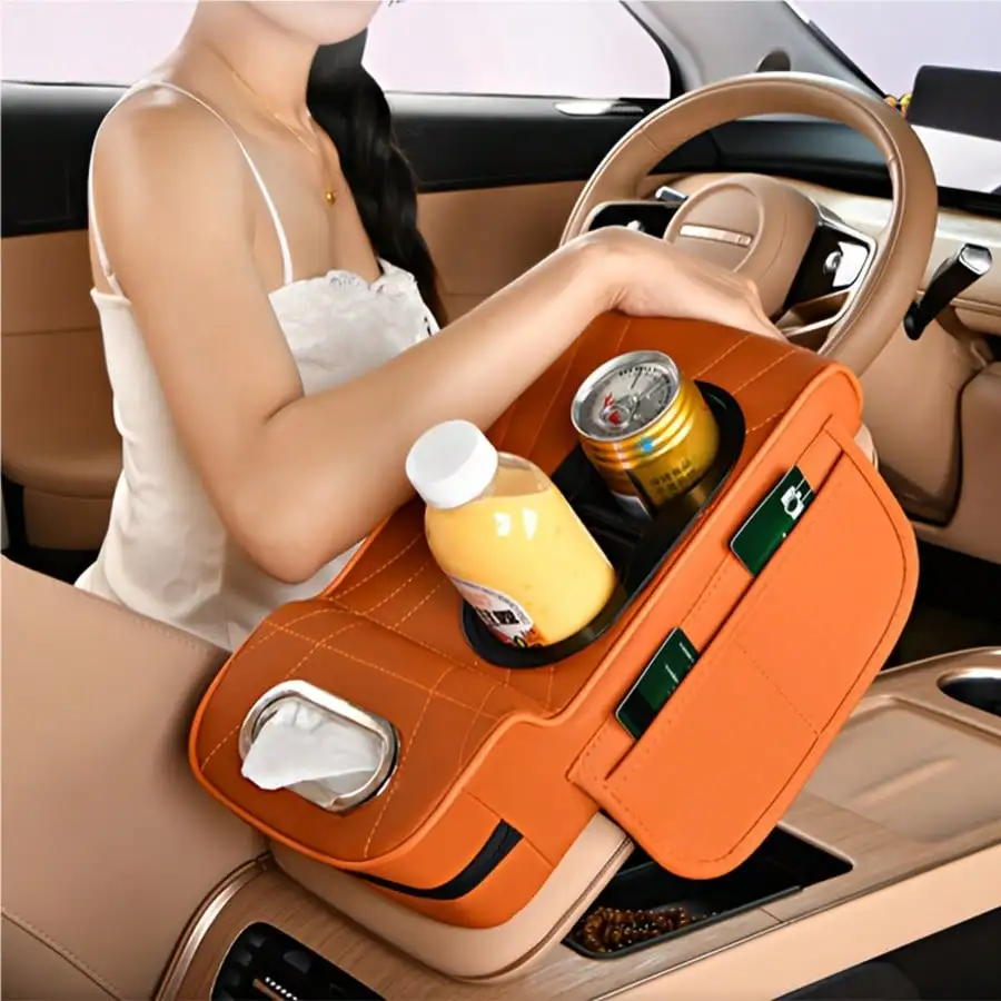 Leather Car Armrest Box Pad, Central Console Cover, Universal Car Armrest Sleeve, Equipped With 2 Cup Holders, Multifunctional Car Tissue Box, Side Storage Pocket Design, Car Interior Accessories, Suitable For Most Cars, SUVs, Trucks Armrest Box Riser