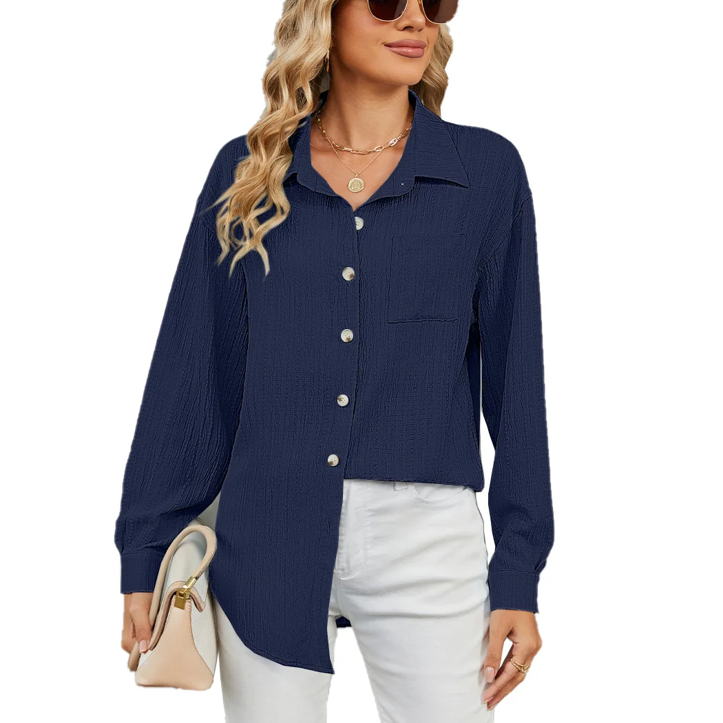 Camicia da lavoro casual da donna a maniche lunghe con risvolto e bottoni in maglia a costine Camicia da lavoro elegante da ufficio da donna Camicia da donna in tinta unita alla moda