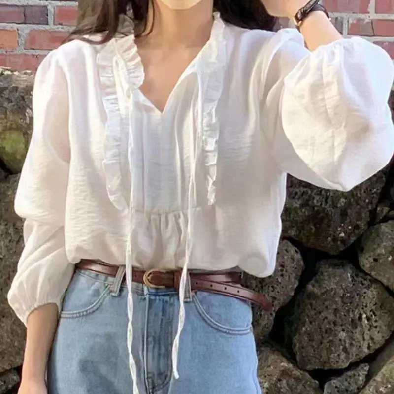 Preppy Style V-neck Lacing Summer Patchwork Ruffles Puff Sleeve Loose Solid Color Long Sleeved Women All-match Affordable Shirt