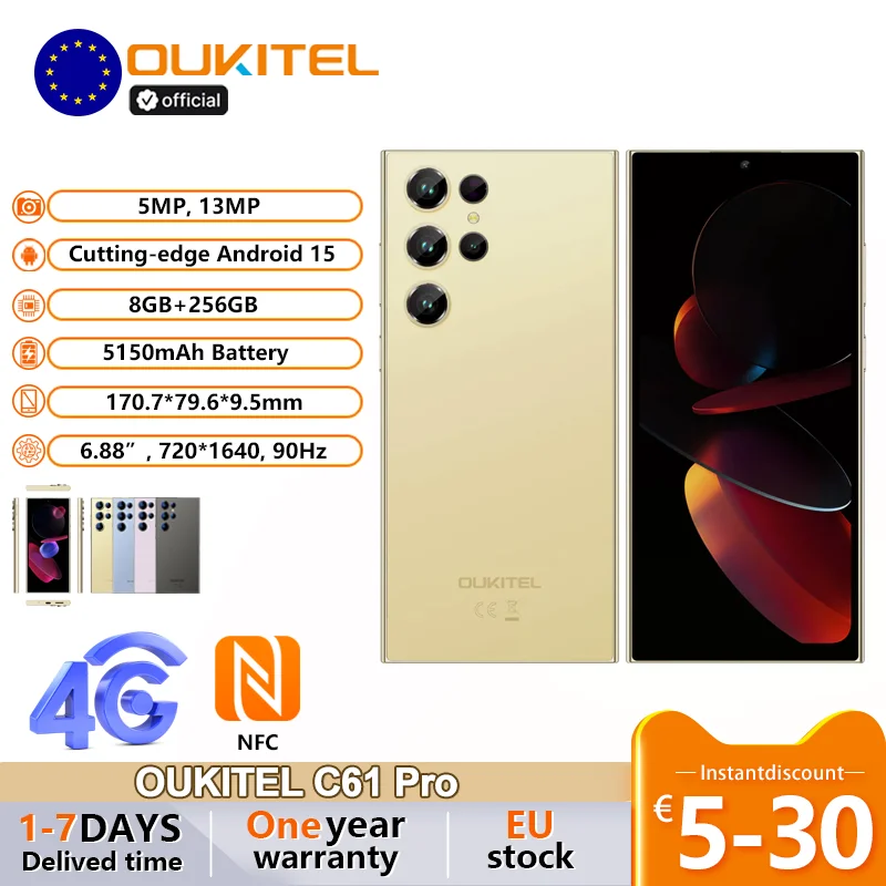 OUKITEL C61 Pro, teléfono inteligente de 6.88 pulgadas, hasta 24GB de RAM + 256GB de ROM, batería de 5150mAh, cámara de 13MP, frecuencia de actualización de 90HZ.
