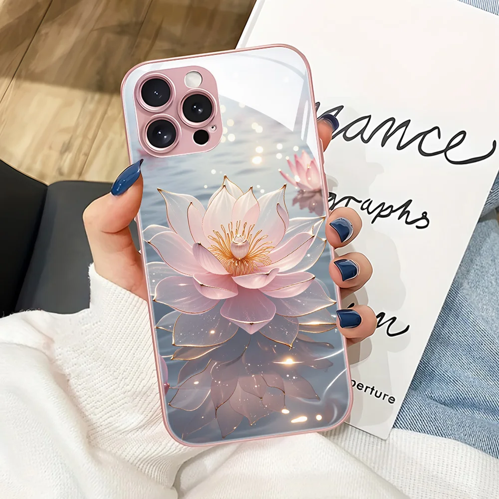 Pink Lotus Tempered Glass Case For Samsung A57 5G A56 A55 A36 A35 A26 A17 A16 A07 A06 S26 Ultra S25 S24 S23 S22 Plus Glass Cover