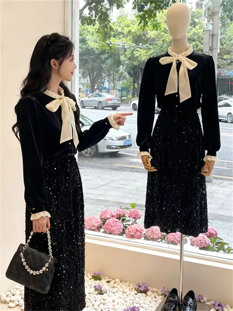 

Women's Knot Set Sparkling Skirt And irt Two Piece Suit Early Autumn High Faion Sensation Bright Sequins