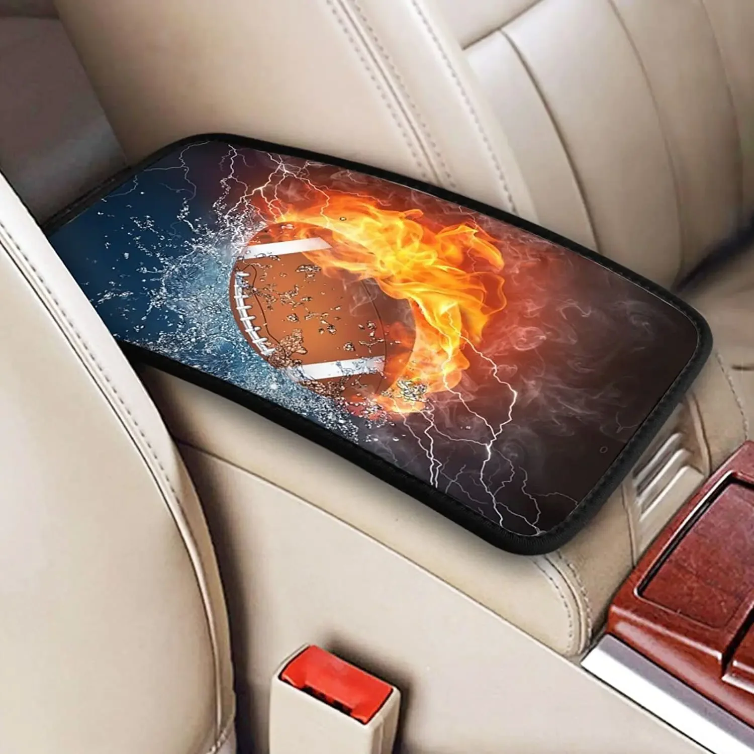 Auto Center Console Pad fire and Water Ball Print, Universal Fit Soft Comfort Car Armrest Cover, Fit for Most Sedans, SUV, Truck