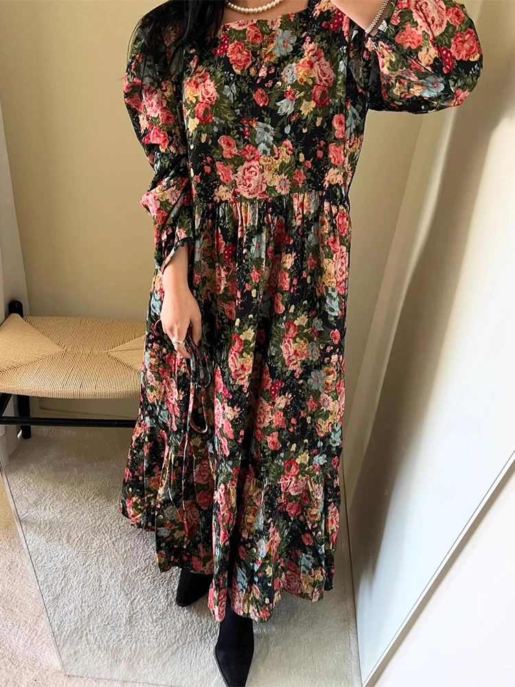 Korean chic autumn retro temperament vestidos 2024 o neck color printing stitching ruffled loose long-sleeved floral dress