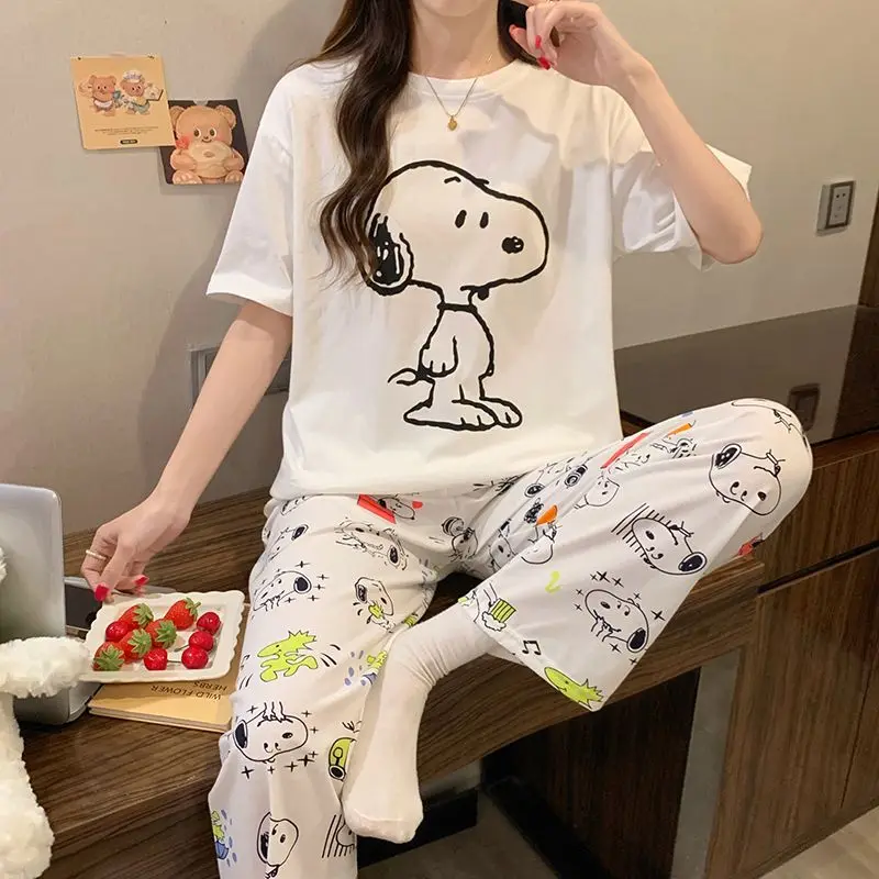 Anime 2026 New Snoopy Pajama Set for Women Cute Cartoon Print Short Sleeved T-Shirt+Shorts Pajama Fashion Casual Girls Home Wear view 3