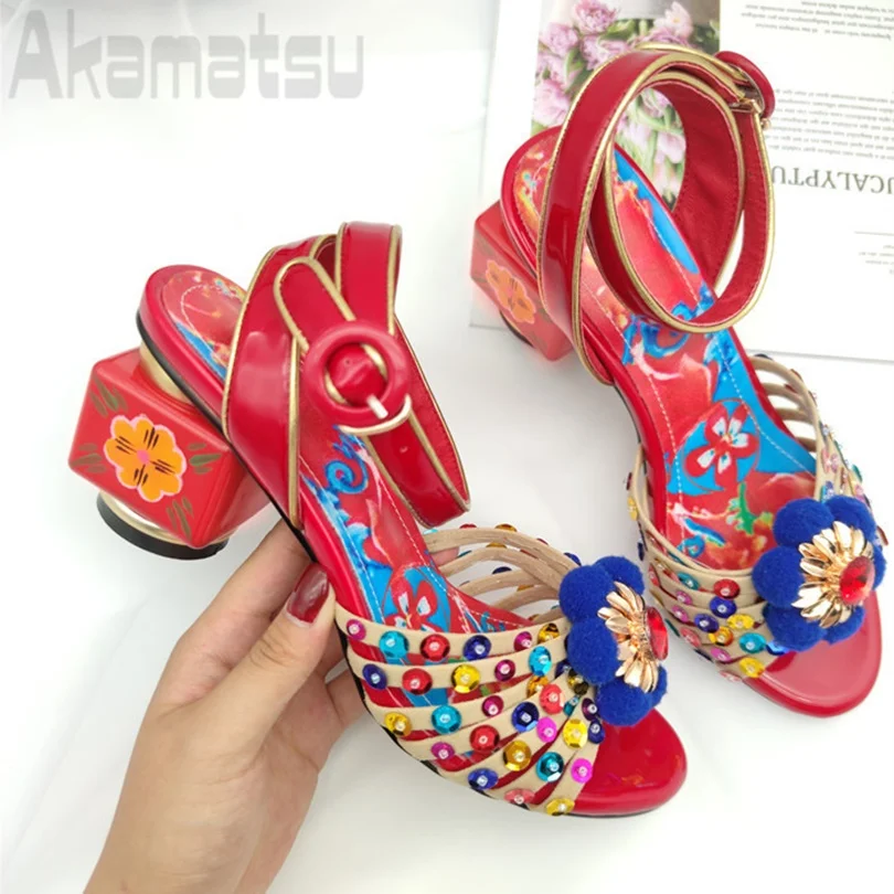 Strange Style Heel Sandals Ethnic Style Colorful Rhinestones Personalized Ankle Buckle Strap Women\'s Shoes Large Sizes 34-43