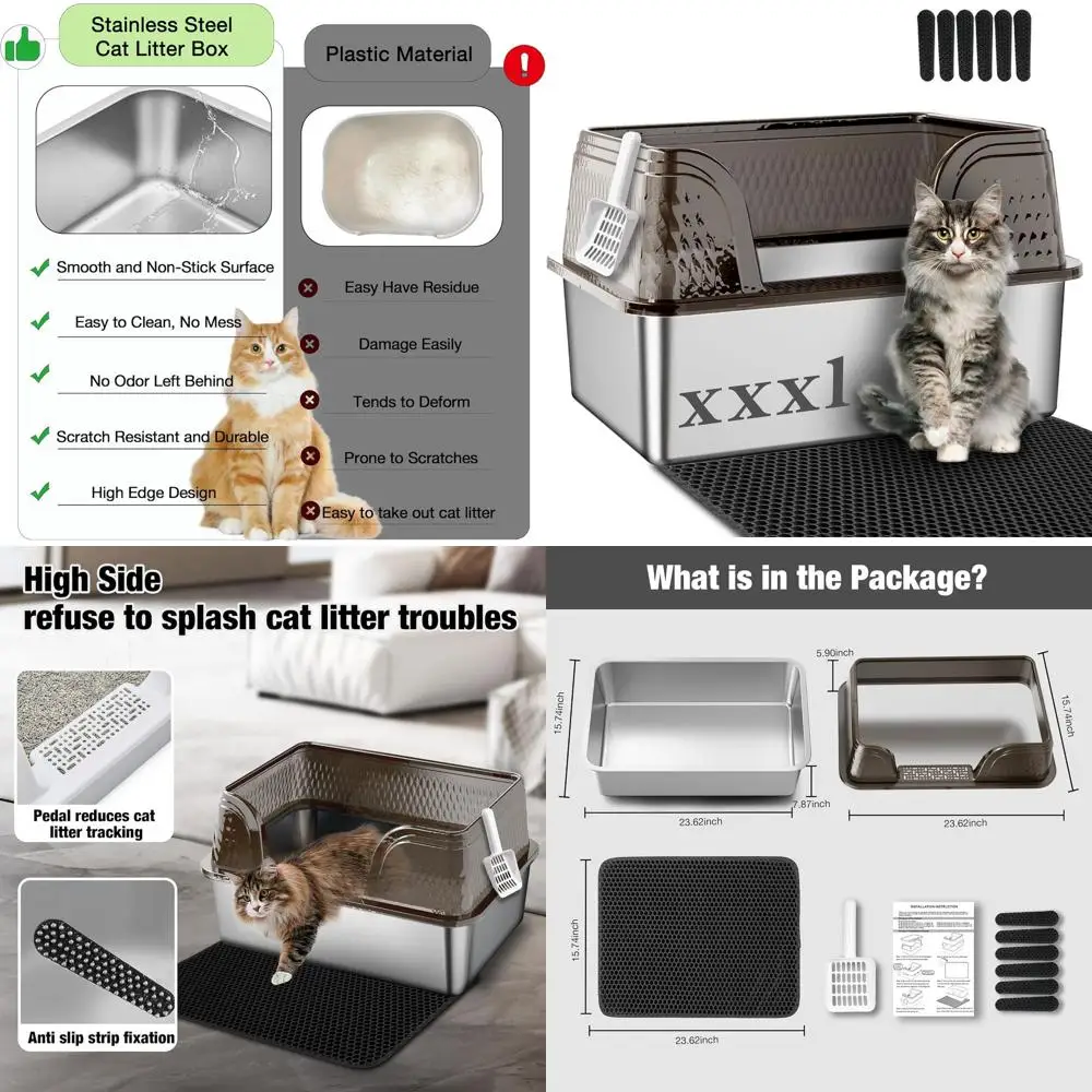 

Jumbo Size Black Steel Cat Litter Box with Lid, High-Sided, Includes Mat & Scoop, Anti-Leak for Large Cats