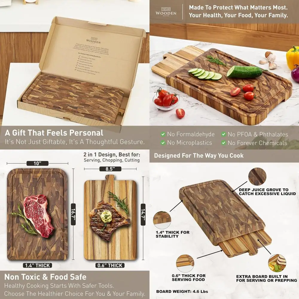 

Large Teak Charcuterie Board with Juice Groove - Dual-Purpose Serving Tray, Food-Safe, Gift-Boxed, 16.75 x 10 x 1.4