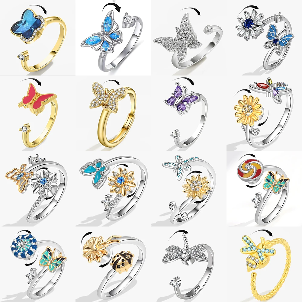 Rotating Anxiety Knuckle Ring For Women Spinner Fidgets Cute Animal Butterfly Flower Anti Stress Ring Party Jewelry Gifts Anillo