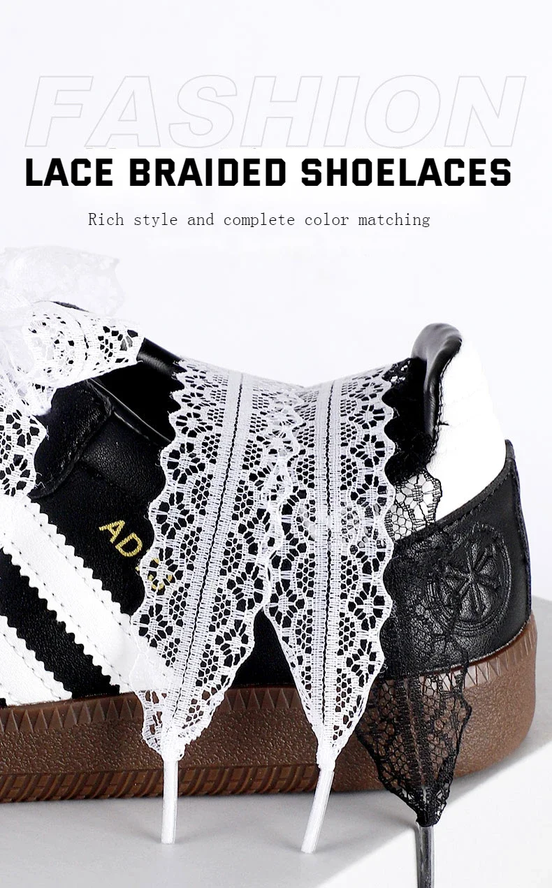 Spitzen-Schnürsenkel, geflochten, 2,9 cm breit, schicke flache Schnürsenkel, schwarz-weiße Seidenschnürsenkel für Ballettschuhe, Sneaker und deutsche Trainingsschuhe – Detail 1
