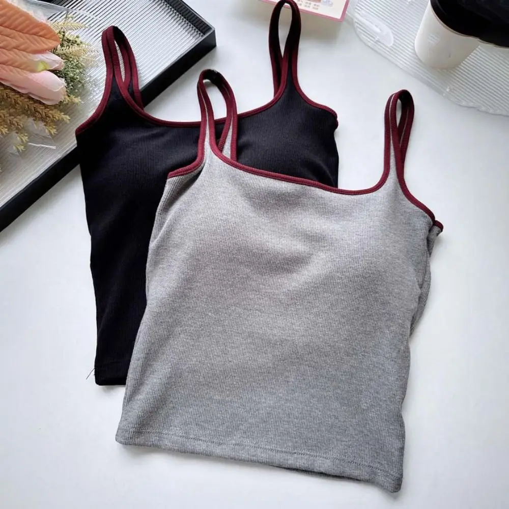 

Spicy Girl Style Y2k Slim Crop Top Square Neck Sleeveless Women's Pinstripe Vest Undershirt Patchwork Camisole with Pads Summer