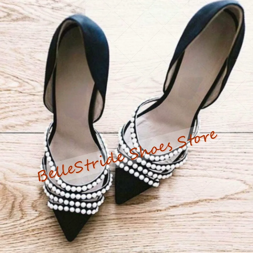 

Black Pointed Toe Pearl Decor Pumps Fashion Women Shoes Stilettos High Heels Party Banquet Dating 2025 Zapatos Para Mujere