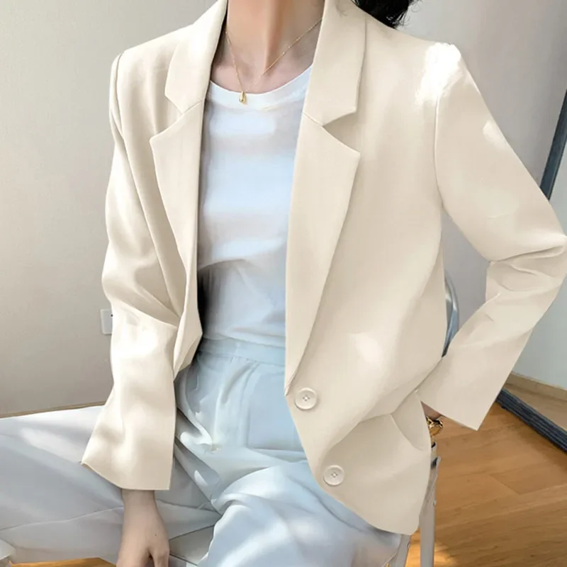 Khaki Suit Jacket for Women Autumn New Korean Loose Blazer Office Lady Tailored Collar Retro Chic Casual Solid Blazers Women