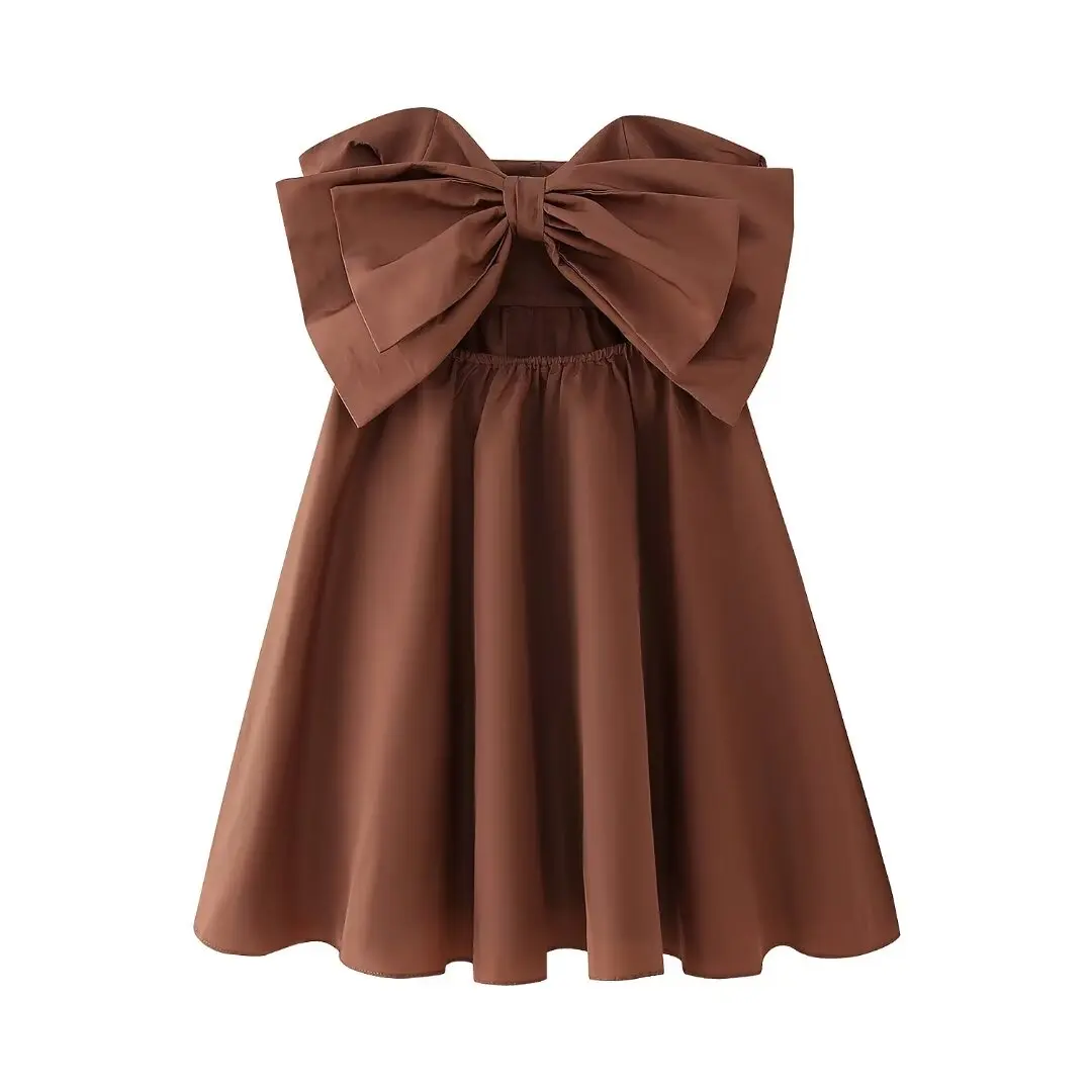 Women's 2024 New Chic Fashion Joker Bow Decorative Opening Design Mini Dress Retro Tube Top Dress Vestidos