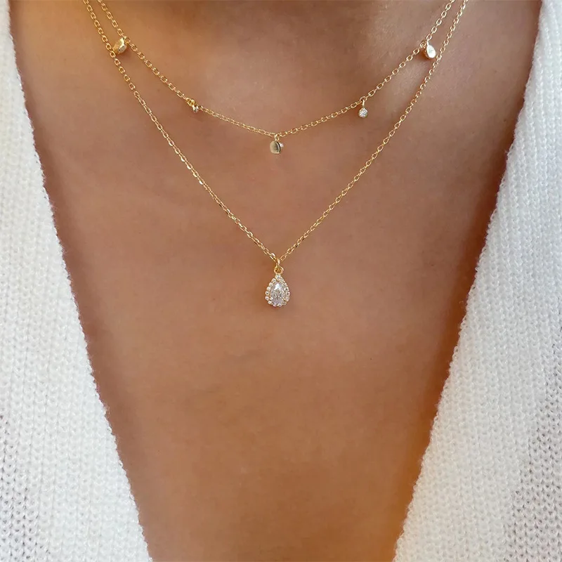 Double Chian Elegant Jewelry Tassel Drop Crystal Pendant Necklace Golden Color Unquie Women Fashion Necklace Wholesale N0338