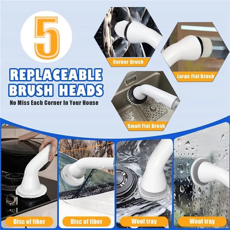 ABJN-High Speed Rotate Scrubbers With 5 Replaceable Brush Heads,Electric Scrubbers Power Cleaning Brush For Bathroom Floor