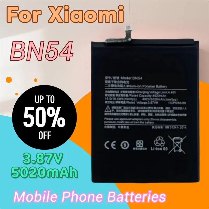 

100% новый высококачественный аккумулятор для мобильного телефона BN54 3,87 В 5020 мАч для Xiaomi Redmi Note 9 5G Note9 Redmi 9 10X 4G