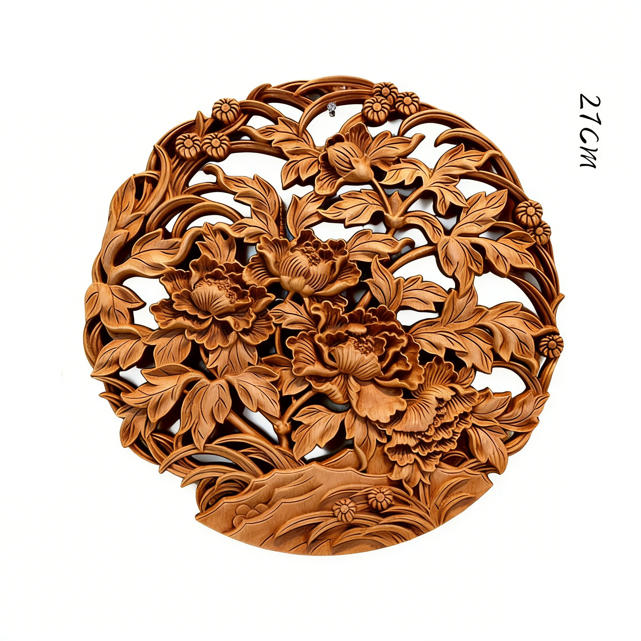 Chinese Style Wooden Wall Art Camphor Wood Carving Round Floral Bird Decor for Living Room & Bedroom Decoration, Diameter 27cm