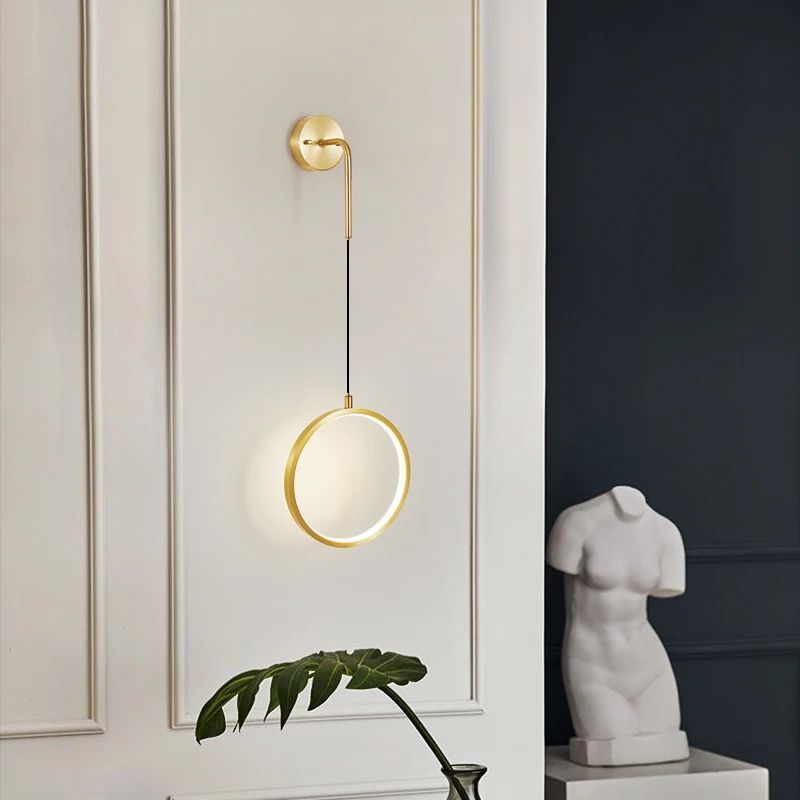 

FKL Modern Copper Round Wall Lamp Simple LED Ring Golden Light Luxury Living room Bedroom Bedside Aisle Indoor Wall Light