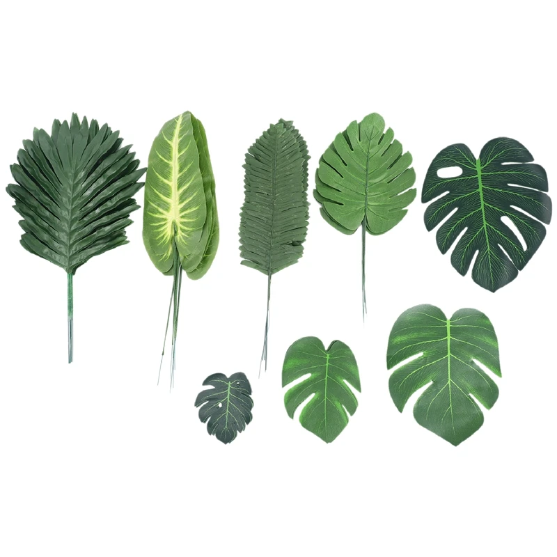 

68 Pieces 8 Kinds Tropical Party Decorations Jungle Monstera Leaves , Artificial Palm Leaves with Faux Stem