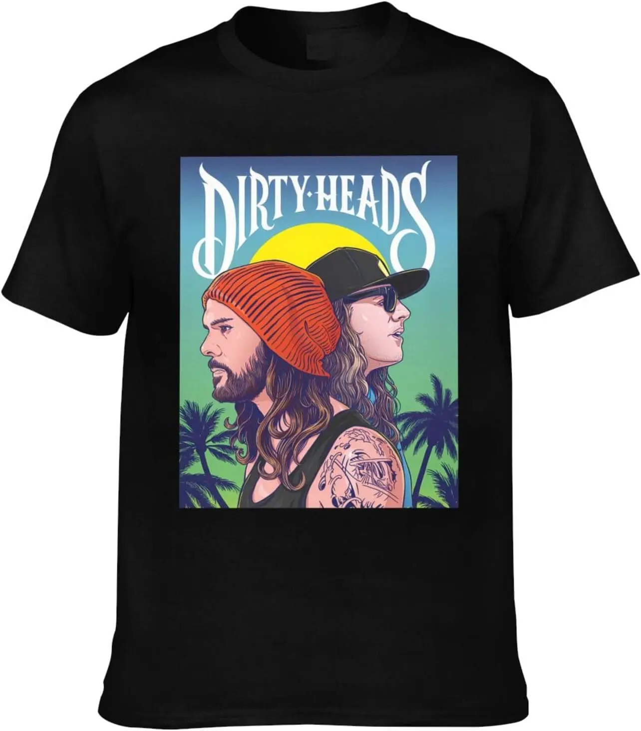 Dirty Band Heads Shirt Men's Double Sided Pattern Printed T-Shirt, Cotton Crew Neck Short Sleeve Tops Black