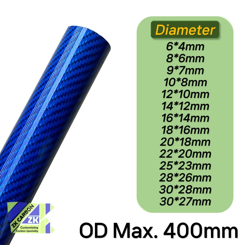 2pcs/lot 500mm Blue Colored Carbon Fiber Tube OD 5-30mm For RC Airplanes Parts Glossy Twill Carbon Tube 3K Material