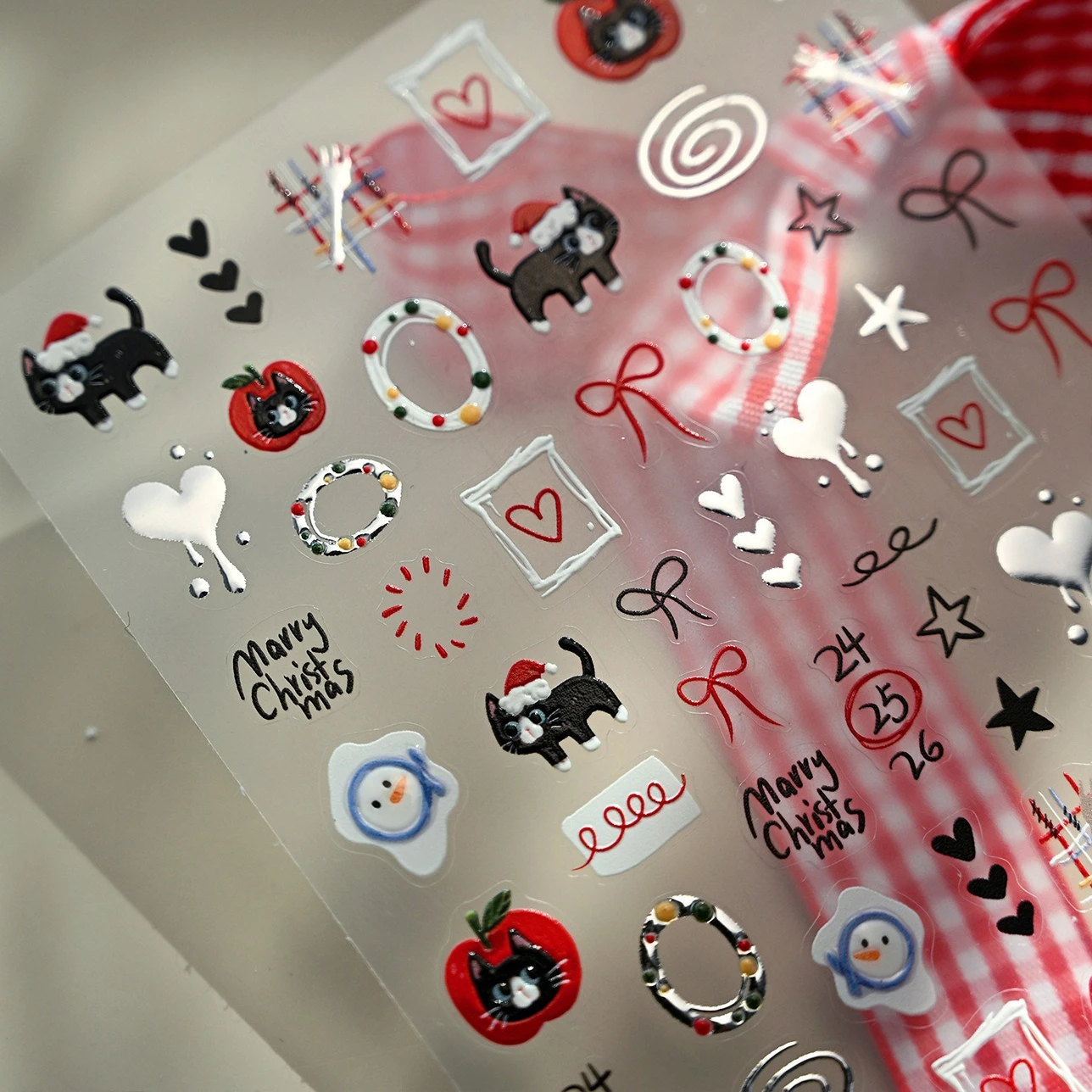 Guirnalda de muñeco de nieve de gato negro, lazo de estrella, Lava, amor, corazón, manzana, sombrero de Navidad, conejo, pegatinas autoadhesivas para decoración de uñas, calcomanía para manicura