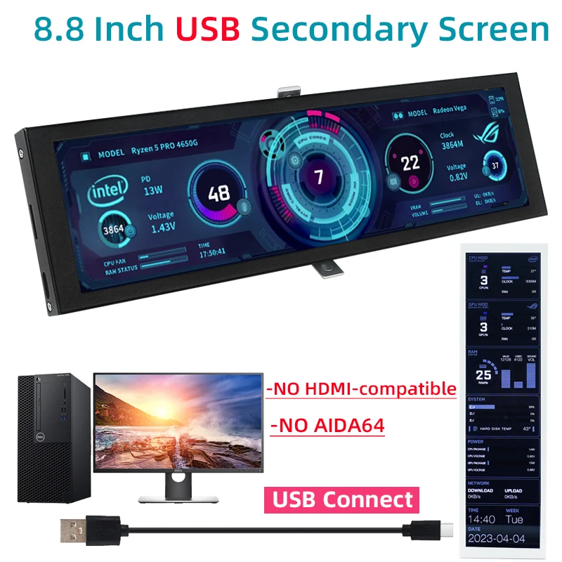 8.8 인치 USB 보조 화면 C타입 연결, HDMI 호환 디스플레이 없음, 1920*480 IPS LCD CPU RAM GPU 모니터, AIDA64 없음 