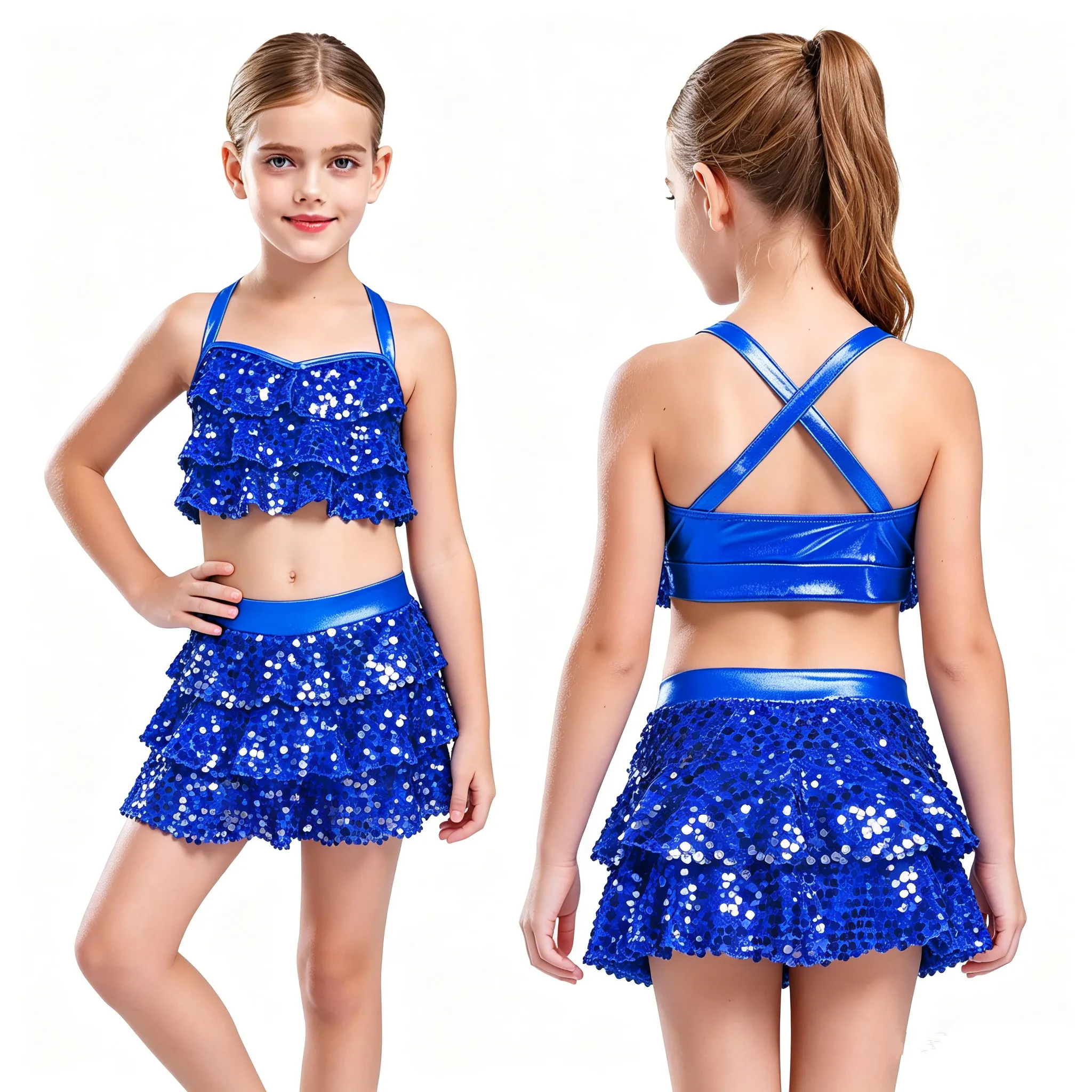 Kids Girls Tiered Sequins Jazz Dance Outfit Crop Top with Culottes Cheerleading Costume for School Show Birthday Party Carnival