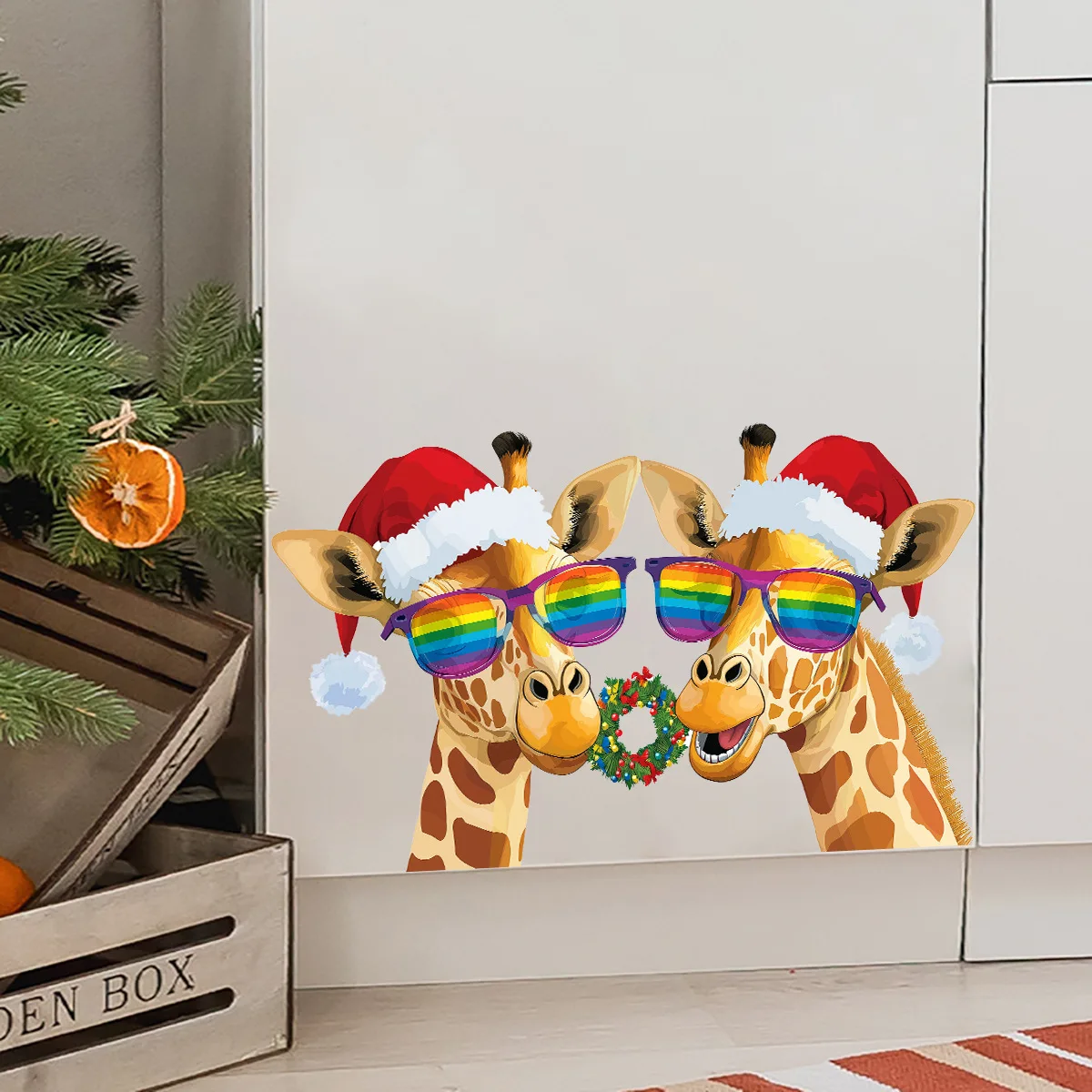 Cartoon Santa Hat Colorful Sunglasses Deer Head Wall Sticker Christmas Room Decoration Wall Sticker Self-adhesive
