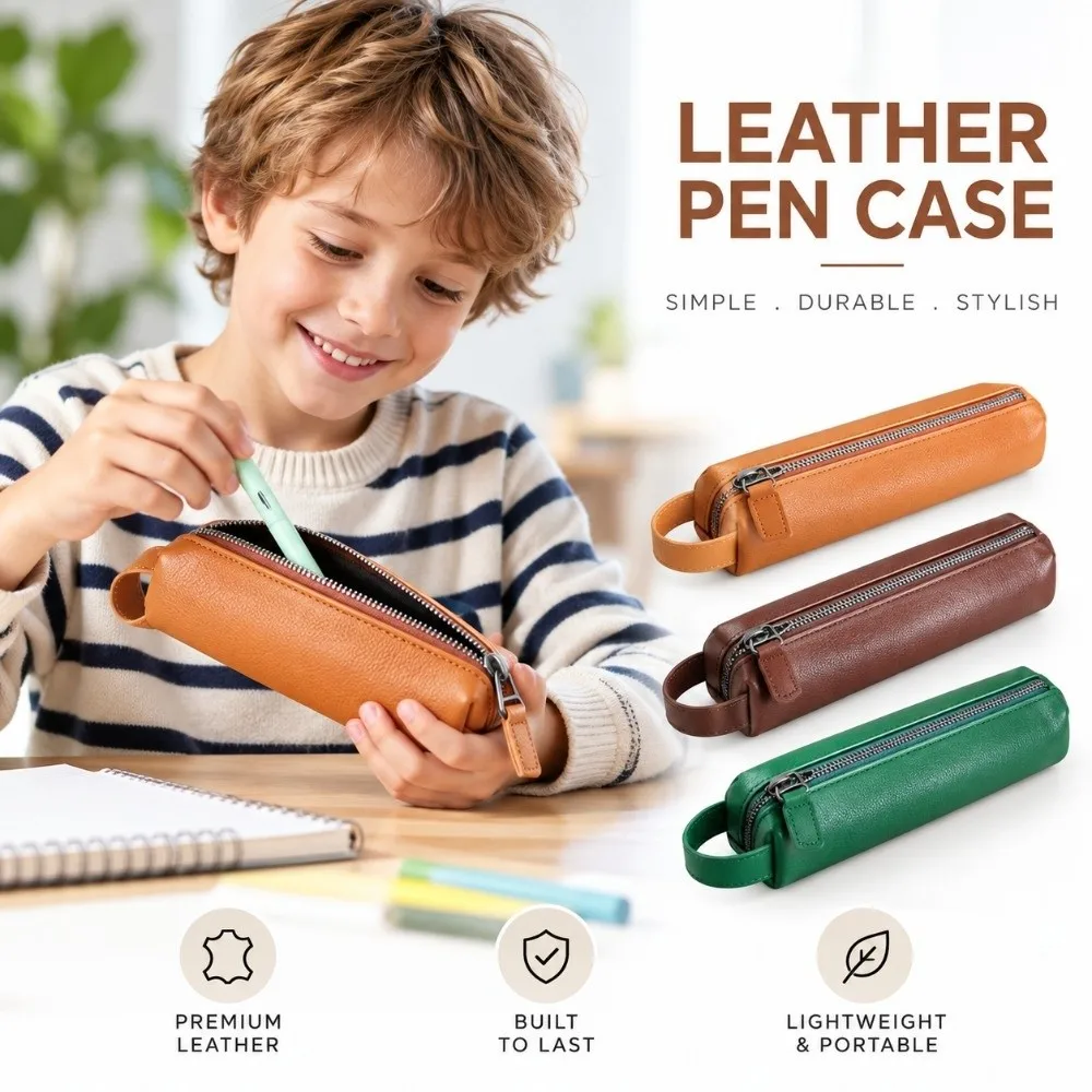 Retro PU Leather Pen Pouch Wrist Loop Single Compartment Pencil Case Waterproof Zipper Closure Storage Box Student
