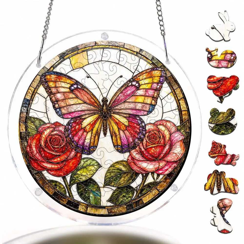 Butterfly And Rose Stained Glass Style Acrylic Puzzle Garden Suncatcher,57 Pieces Acrylic Jigsaw Puzzle Ornaments For Home Decor