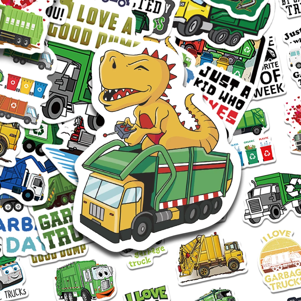 

50pcs Cute Green Garbage Trucks Stickers Decals For Phone Laptop Refrigerator Notebook Suitcase Aesthetic Waterproof Stickers