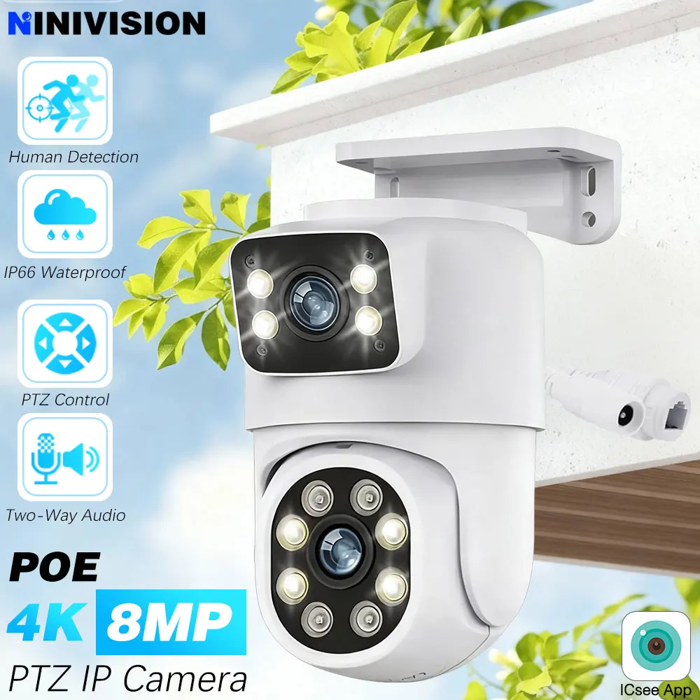 

ICSee Открытый двойной объектив 8MP PTZ POE IP-камера видеонаблюдения Двустороннее аудио Цветное ночное видеонаблюдение для системы Nvr Xmeye