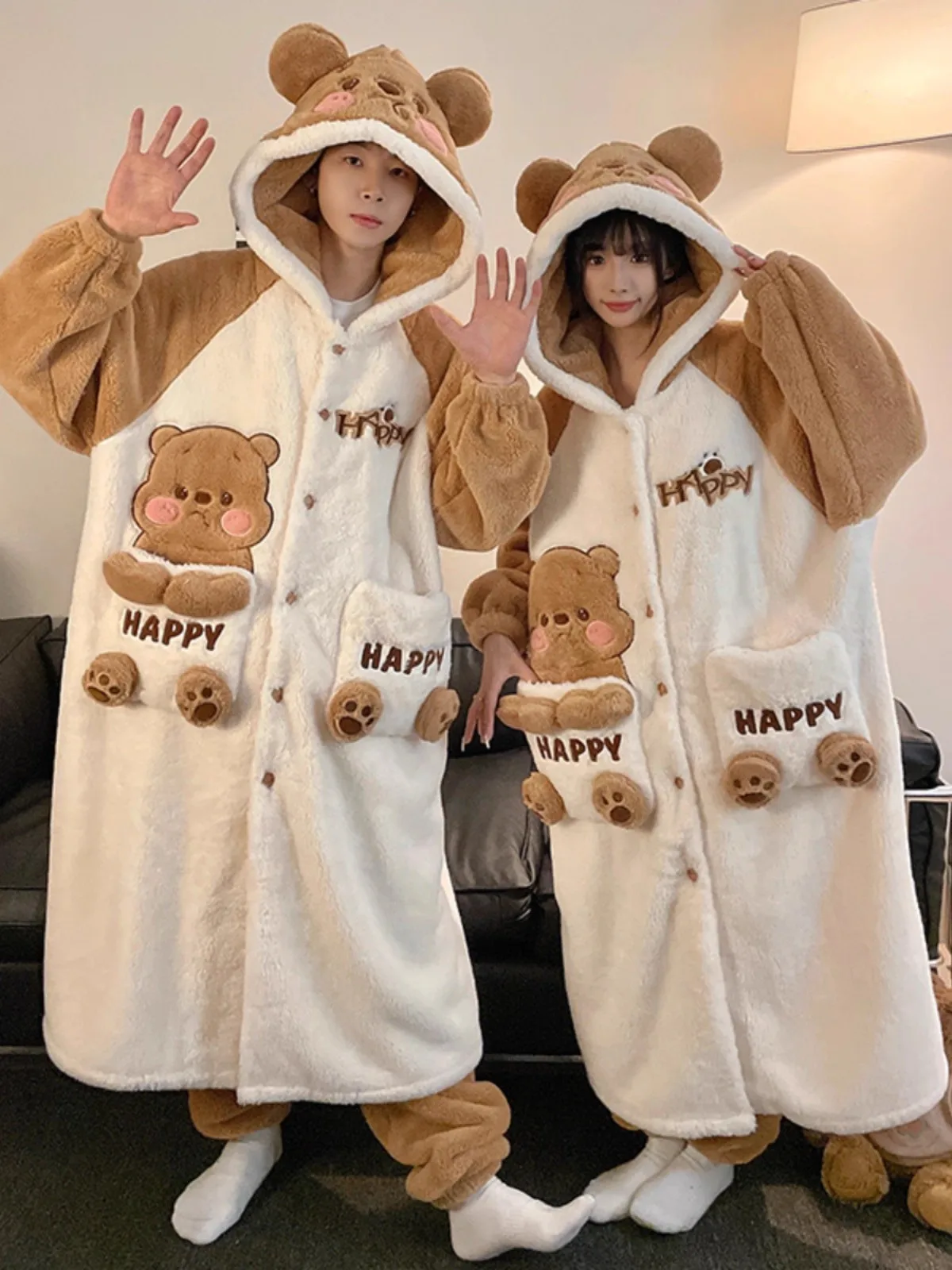 새로운 원피스 또는 투피스 만화 캐릭터 커플 파자마 코랄 벨벳 겨울 패딩 후드 로브 세트 따뜻한 홈웨어 남녀 공용