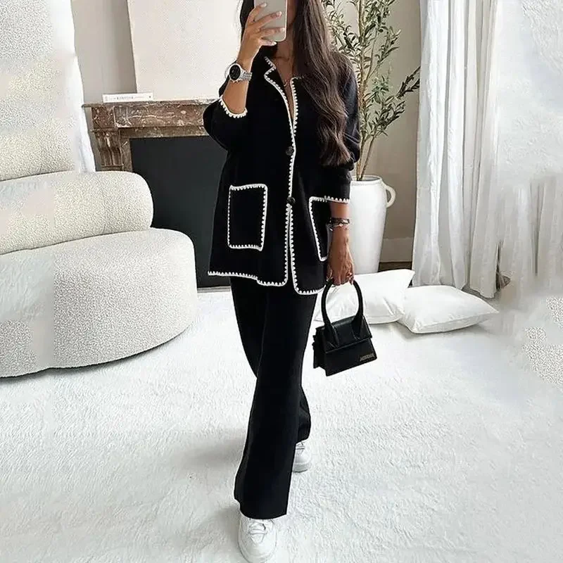 Women Autumn Two-piece Set Double Pocket Single-breasted Cardigan Tops Comfortable Casual Straight Pants New Korean Female Suits