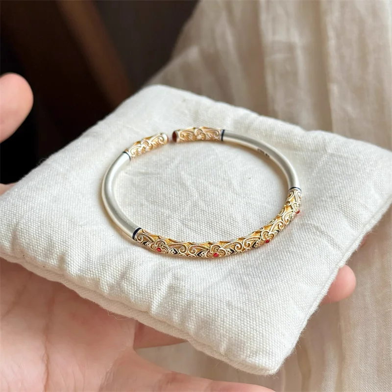 

Retro 999 sterling silver enamel gold silk men's and women's bracelets, ethnic style exquisite high-end couple jewelry Gift
