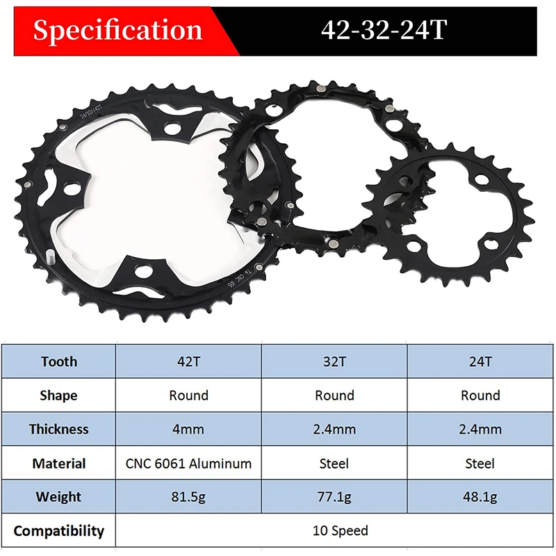 BUCKLOS 10 Speed Bicycle Chainring 24T 32T 44T Ultralight MTB Chainring Set Steel Aluminum Durable Bike Chainwheel Bicycle Parts