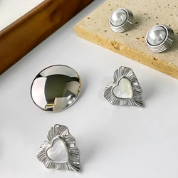 Peri'sbox Trendy White Shell Heart Stud Earrings for Women Chunky Dome Earring Stainless Steel Silver Plated Waterproof Jewelry
