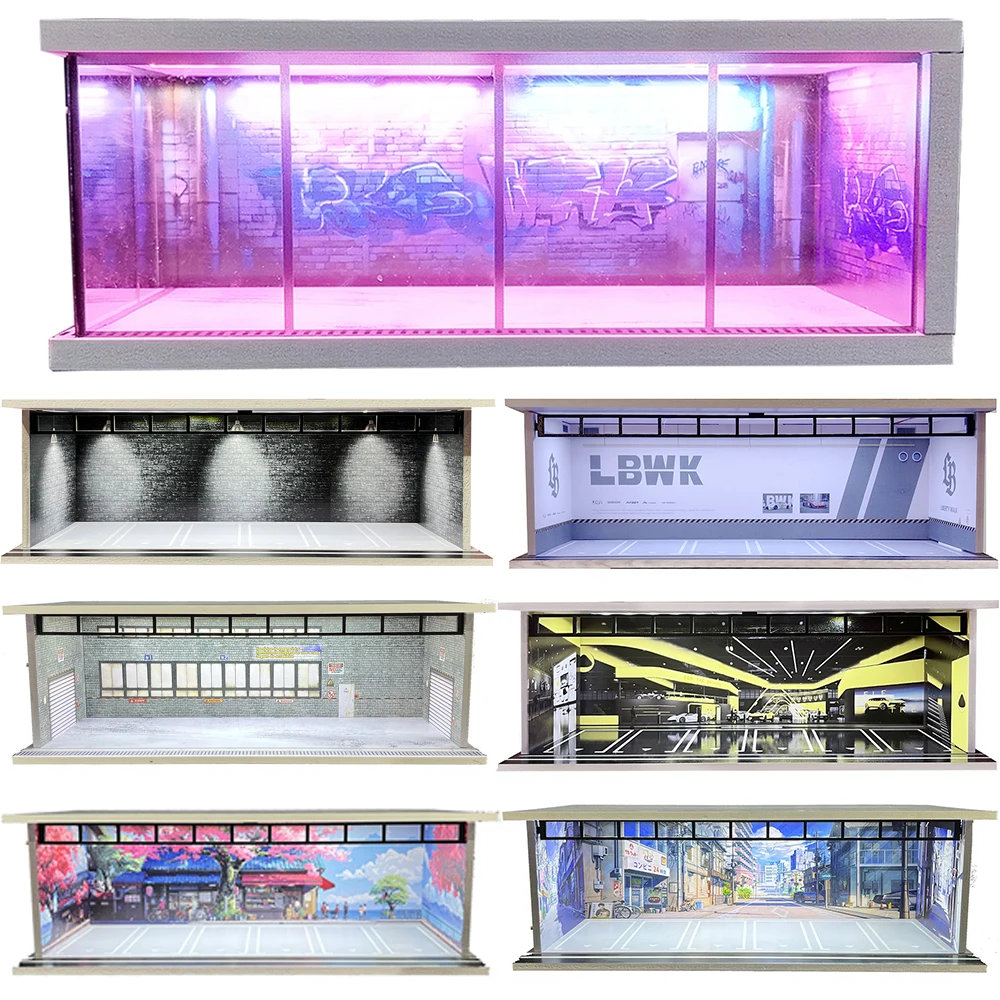 

1/64 Scale Diecast Car Garage Diorama Display Case with LED Lights and Garage Diorama Protective Showcase for Collectors