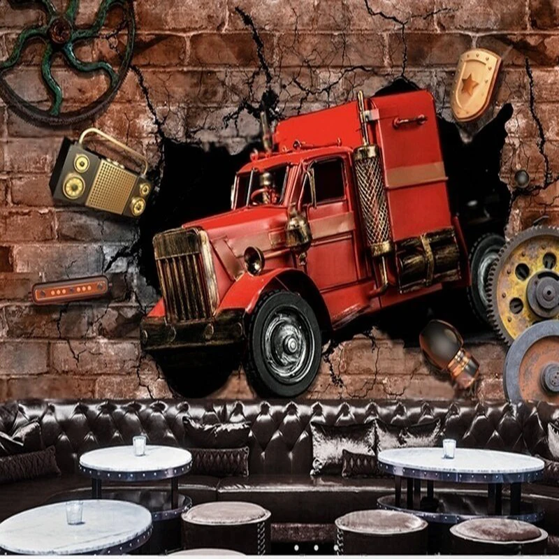 Industrial-style car broken-wall license plate bar restaurant TV luxurious home decoration bedroom background wall