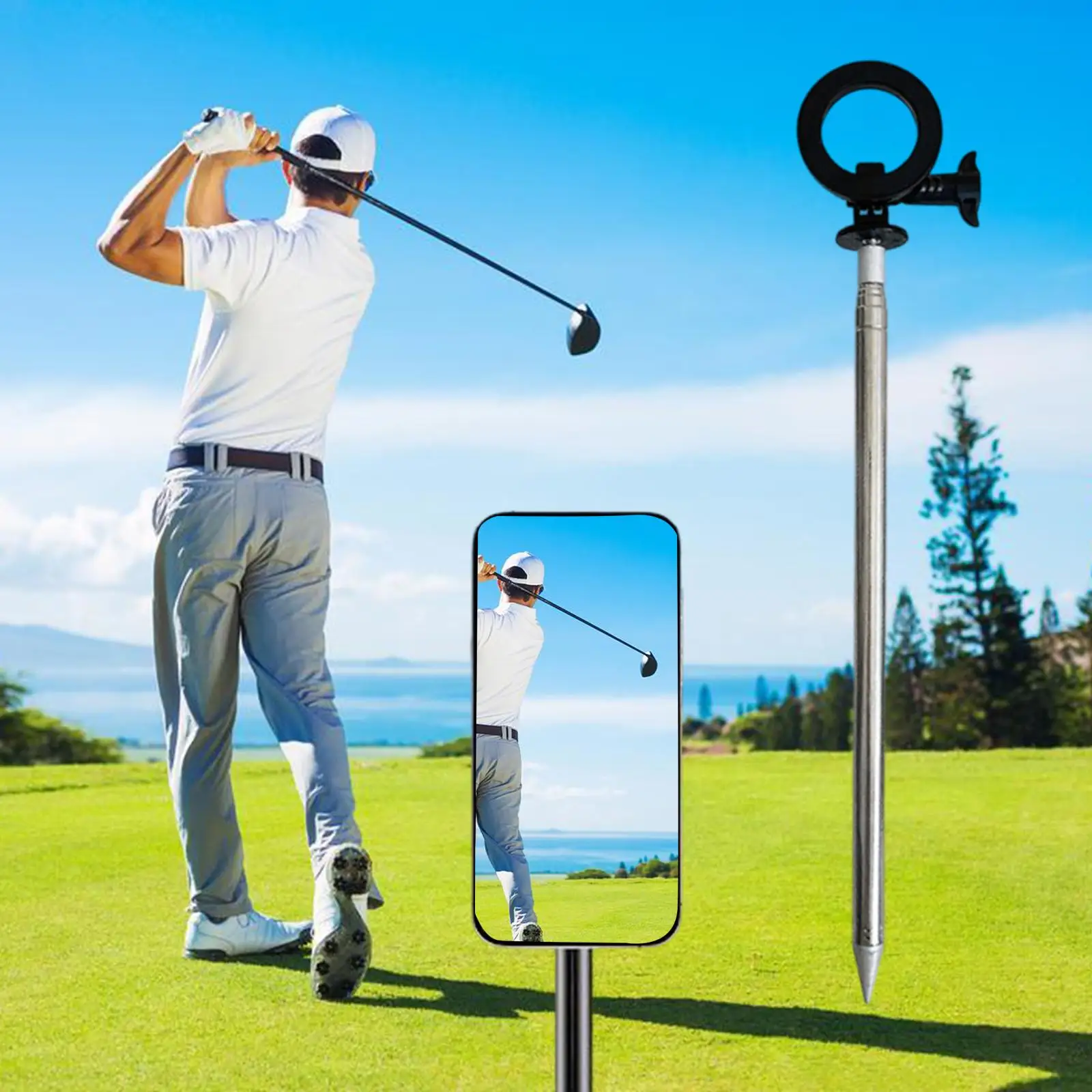 Golf Monopod with Spike Adjustable Height Rack Extendable Pole Smartphone Mount for Training, Sports Recording, Swing, Course