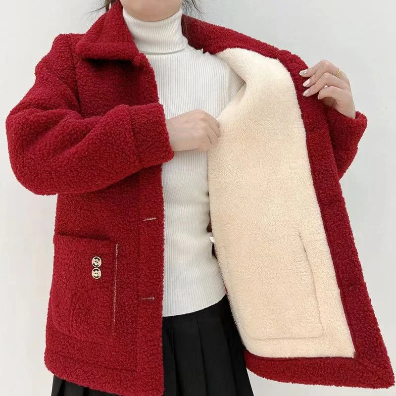 2024 New Fashion Plus Fleece Thickened Double Buckle Lamb Fur Mother Outfit Long Coat Imitation Fur Warm Coat Women