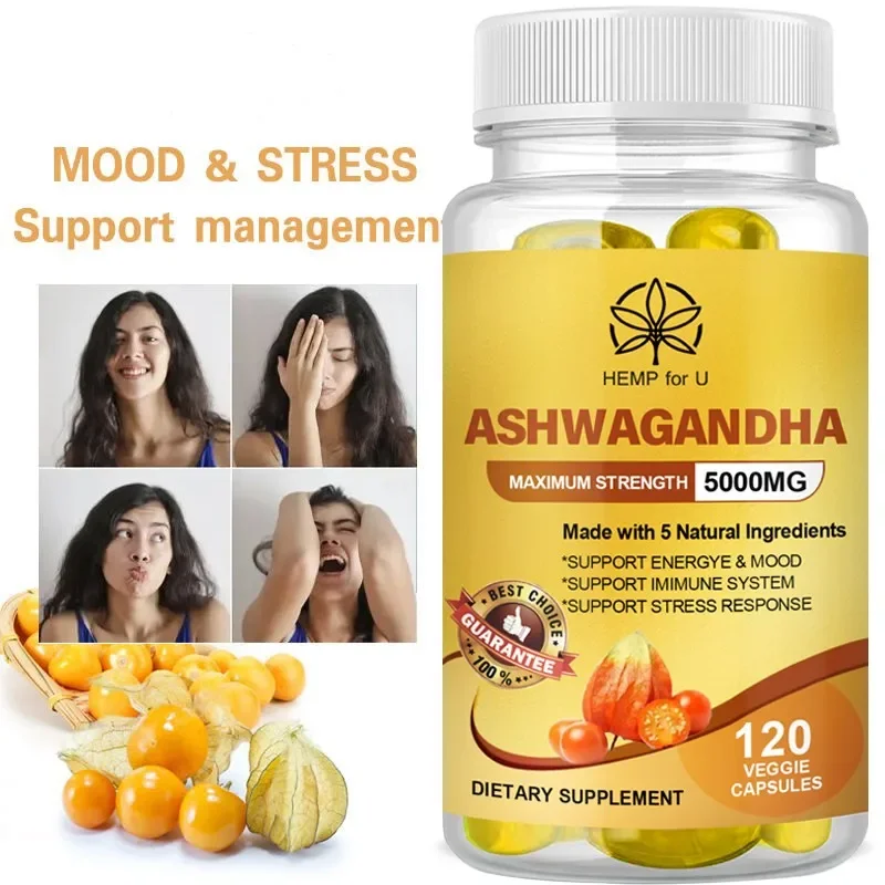 5 in1 Equivalent to 5000mg Combined with Turmeric, Black Pepper,Rhodiola & Rosemary Support Mood and Sleep-Ashwagandha Capsules