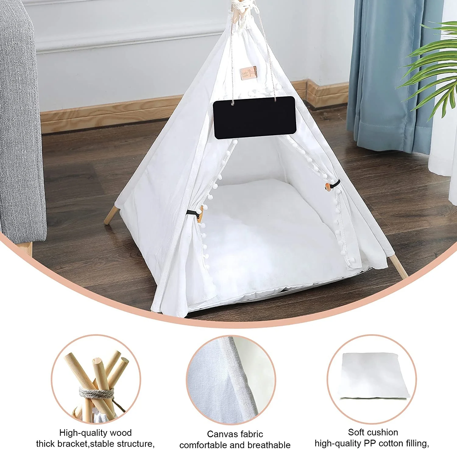 Fotografia 6: Tendas e Casas de Luxo para Animais de Estimação em Lona com Almofada Macia e Lavável, Cama Teepee para Cães e Gatos