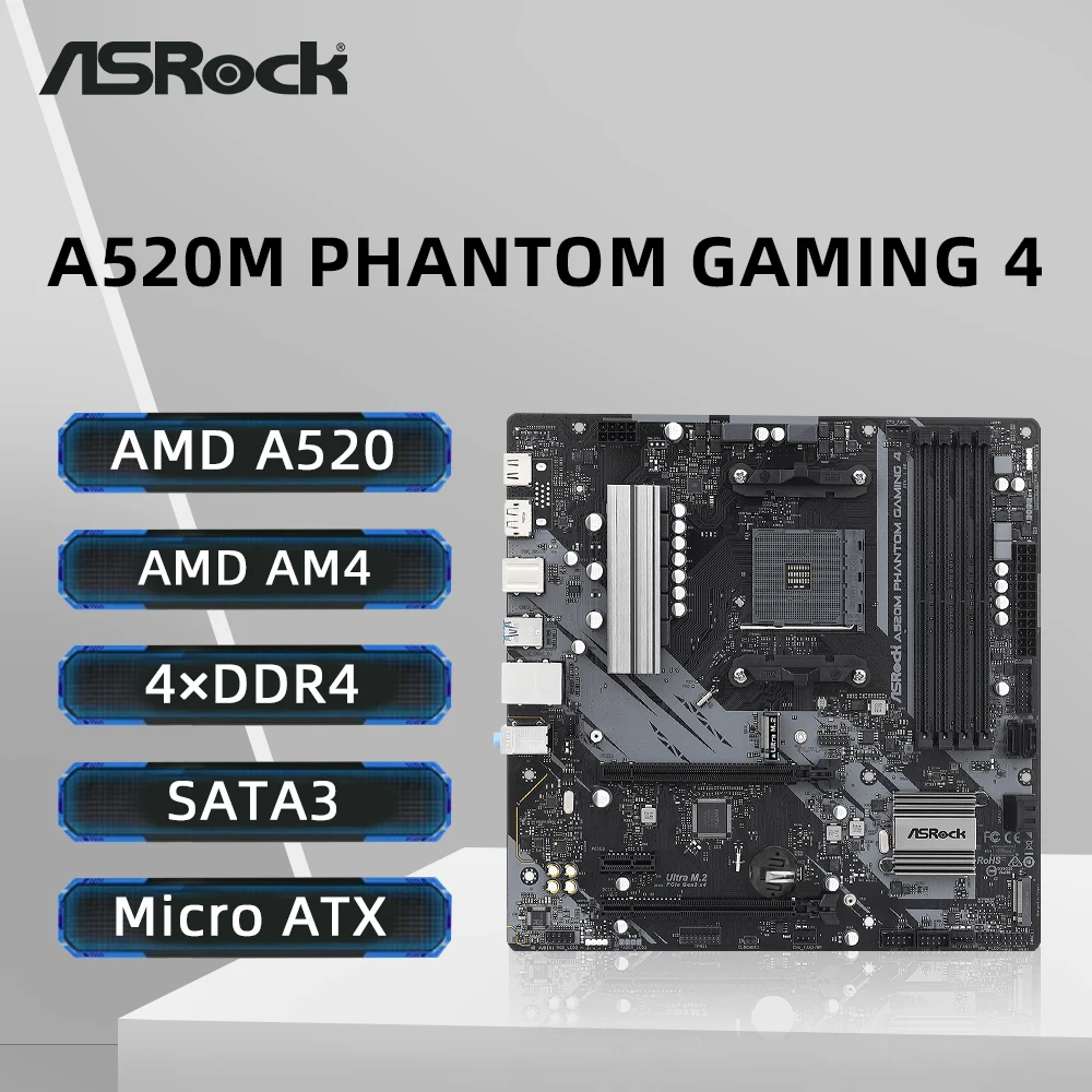 ASRock A520M PHANTOM GAMING 4 Motherboard Support 5600G 5700X3D 5800X3D CPU 4xDDR4 4733MHz NVME M.2 PCIe 3.0 mATX AM4 Mainboard