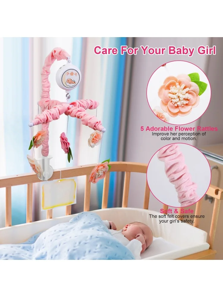 Baby Music Crib Bell Children's Room Rattles with 12 Melodies 5 Flower Shaped Rattles 3 Modes Volume Adjustment