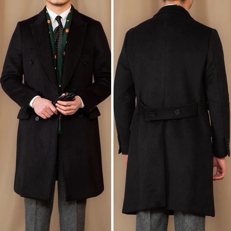 メンズ トレンド ダブルブレスト ウール混紡コート ブラック/ブラウン カスタム ミドル丈 スリムフィット 冬用 暖かい フォーマル ビジネス カジュアル オーバーコート