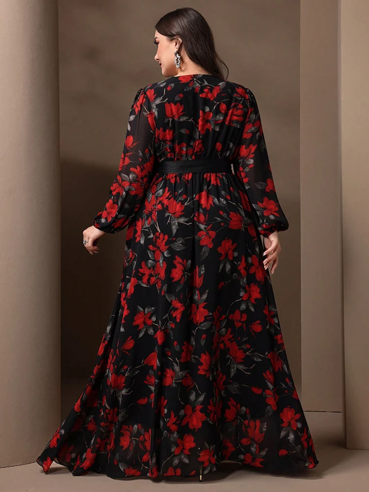 TOLEEN-Elegant Flower Print Lantern Sleeve Dress for Women, Floral Maxi Dresses, Casual Formal Party, Fashion, Plus Size, 2024